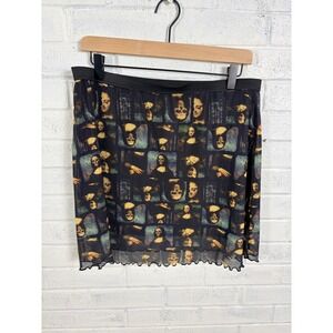 Social Collision Mesh Mini Skirt Womens XL Black Mona Lisa Skull Goth Sheer